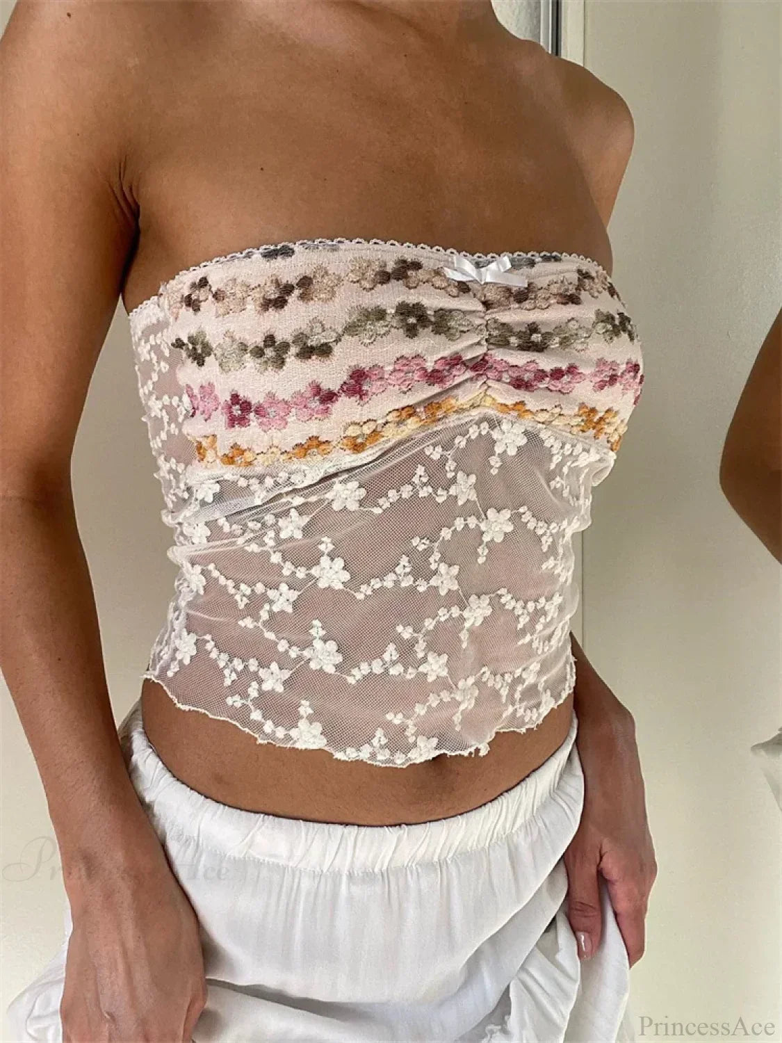 Vintage Embroidery Flower Strapless Tube Crop Top