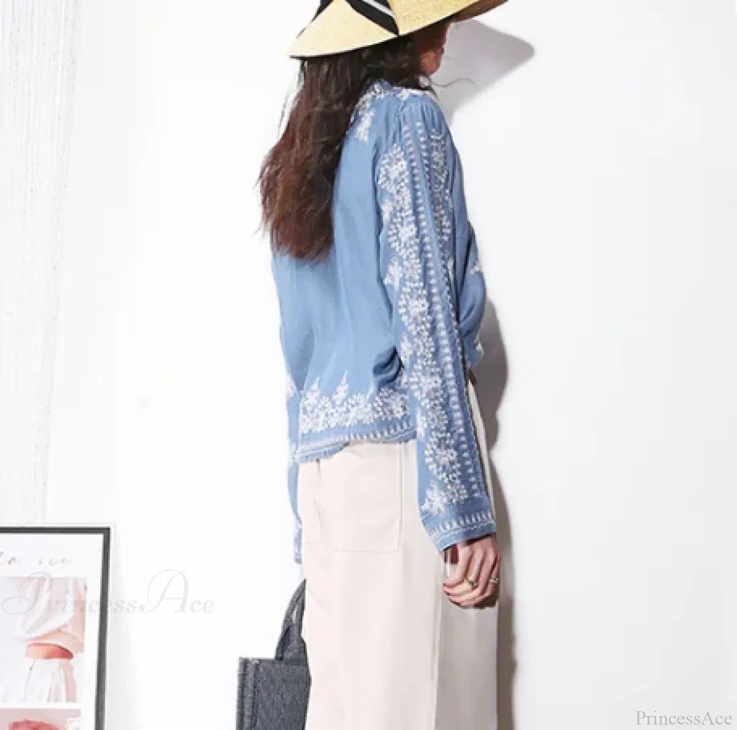 Vintage Floral Embroidery Cotton Denim Long Sleeve Boho Blouse