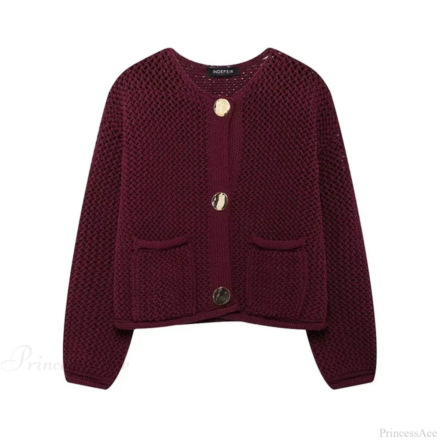 Vintage Stylish Cozy Cropped Wine Red Knitted Button Pocket Sweater