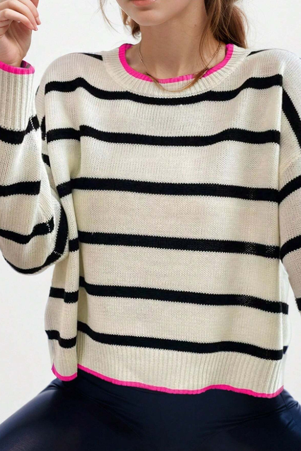 Zaida | Modern and classic striped sweater with pink lining