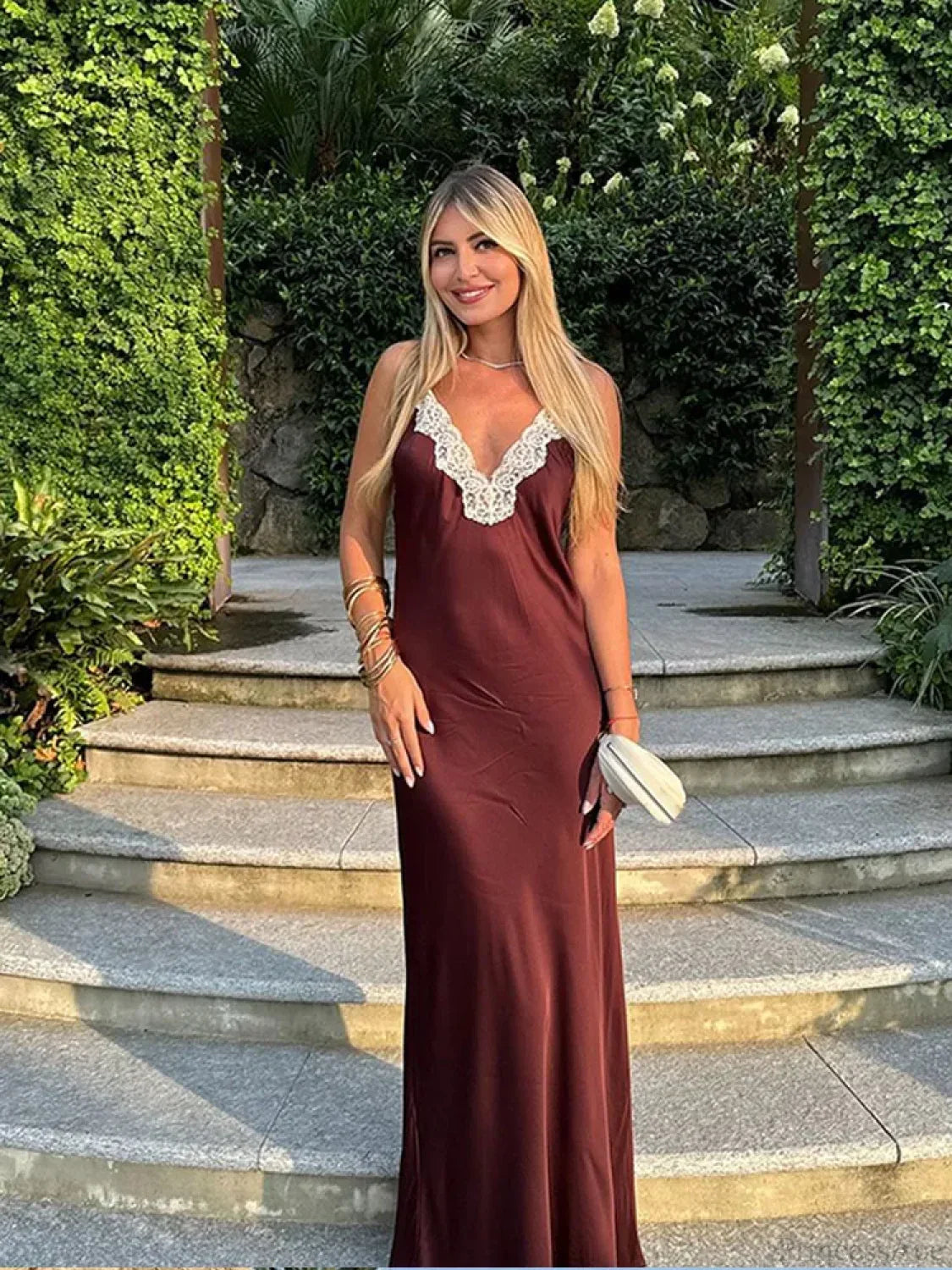 Women Chic Elegant Solid Spliced Lace Midi Sling Backless Party Dress