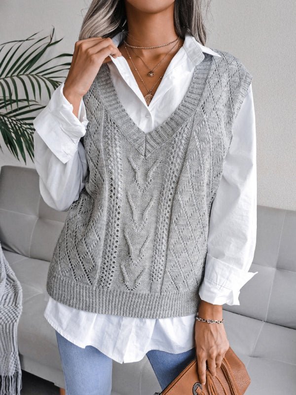 Vega® | Women'S Knitted Sweater With Hollow Out Fried Dough And V-Neck
