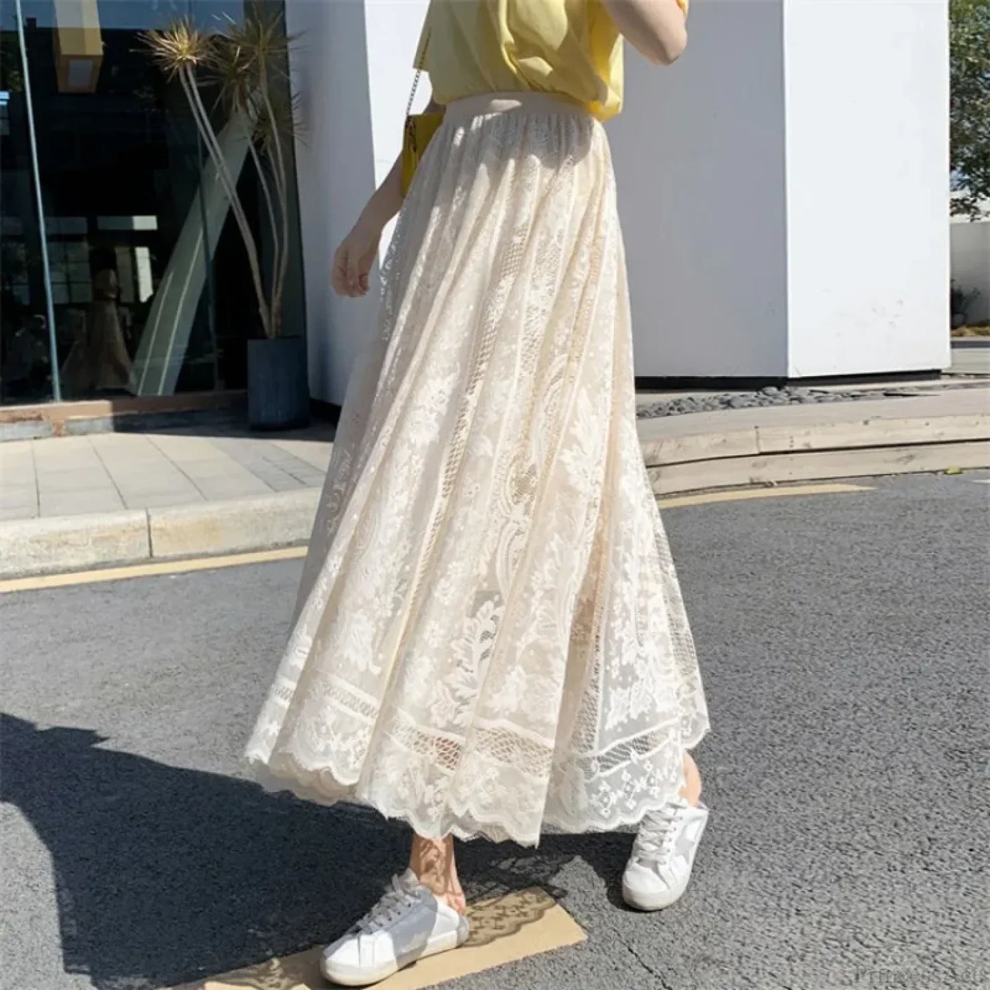 Y2K Women's Lace Crochet Umbrella Long Skirt Bohemian High Waist