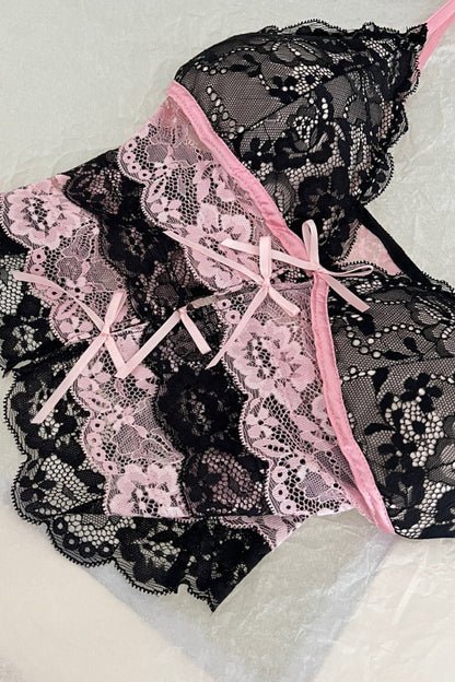 Sexy Black Pink Color Block Lace Trim Cami Top