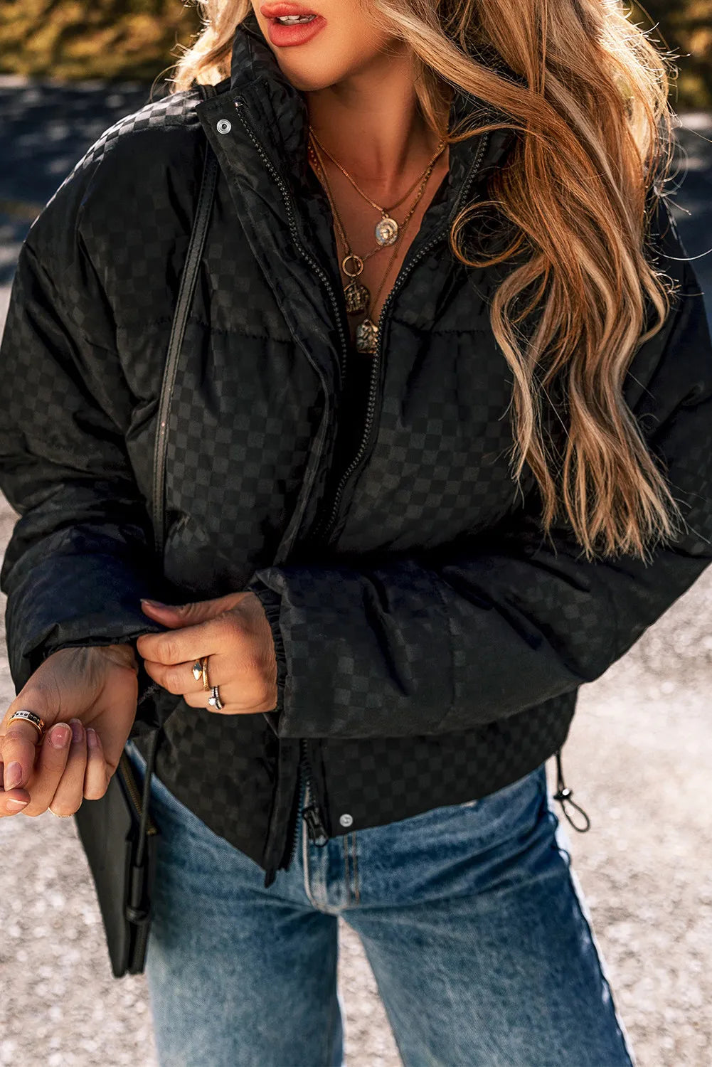 Valeria | Checked turtleneck winter coat with zip and long sleeves