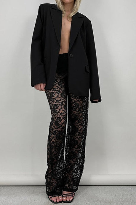 Lace Cutout Paneled High-Rise Straight Pants