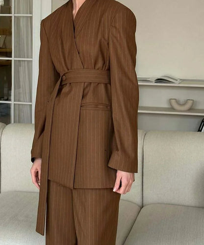 Brown Print V-Neck Lace-Up Pants Office Two Piece Set