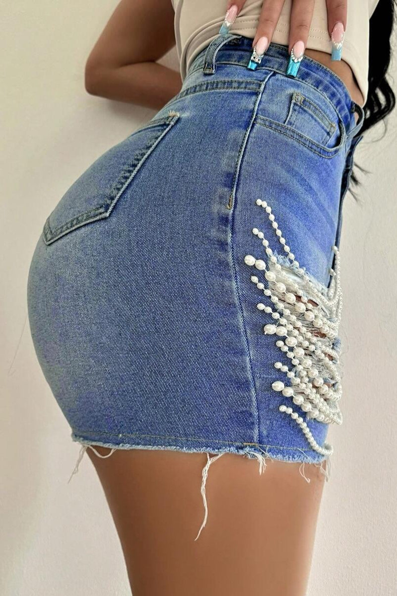 Beaded Chain Ripped High Waist Denim Shorts