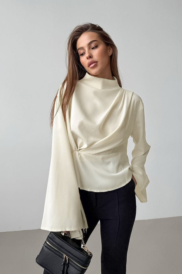 Chiffon Bell Sleeve Apricot Stand Collar Blouse