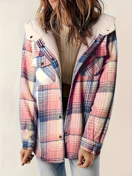 Wendy | Checked, long-sleeved hooded outerwear with snap fasteners