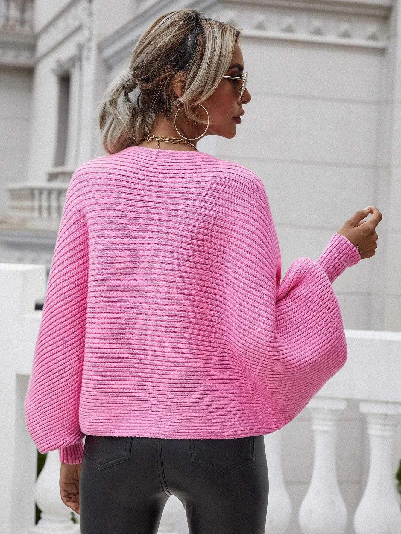 Wendy | Woven right horizontal ribbed sweater with dolman sleeves