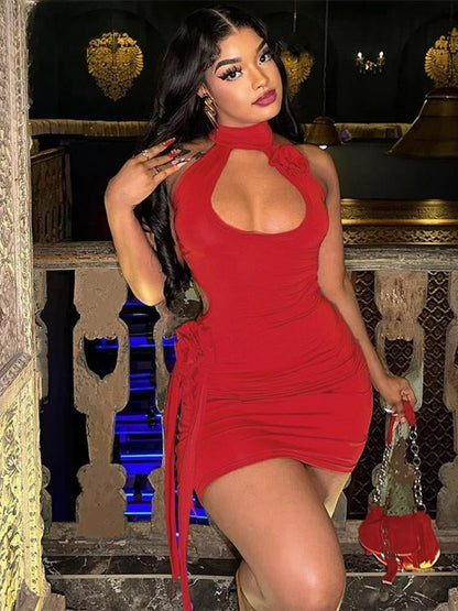 3D Flower Decoration Red Vacation Dresses Sexy Hollow Backless Bodycon Party Dress