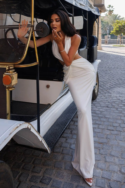 Sheer Panel Halter Formal Dress