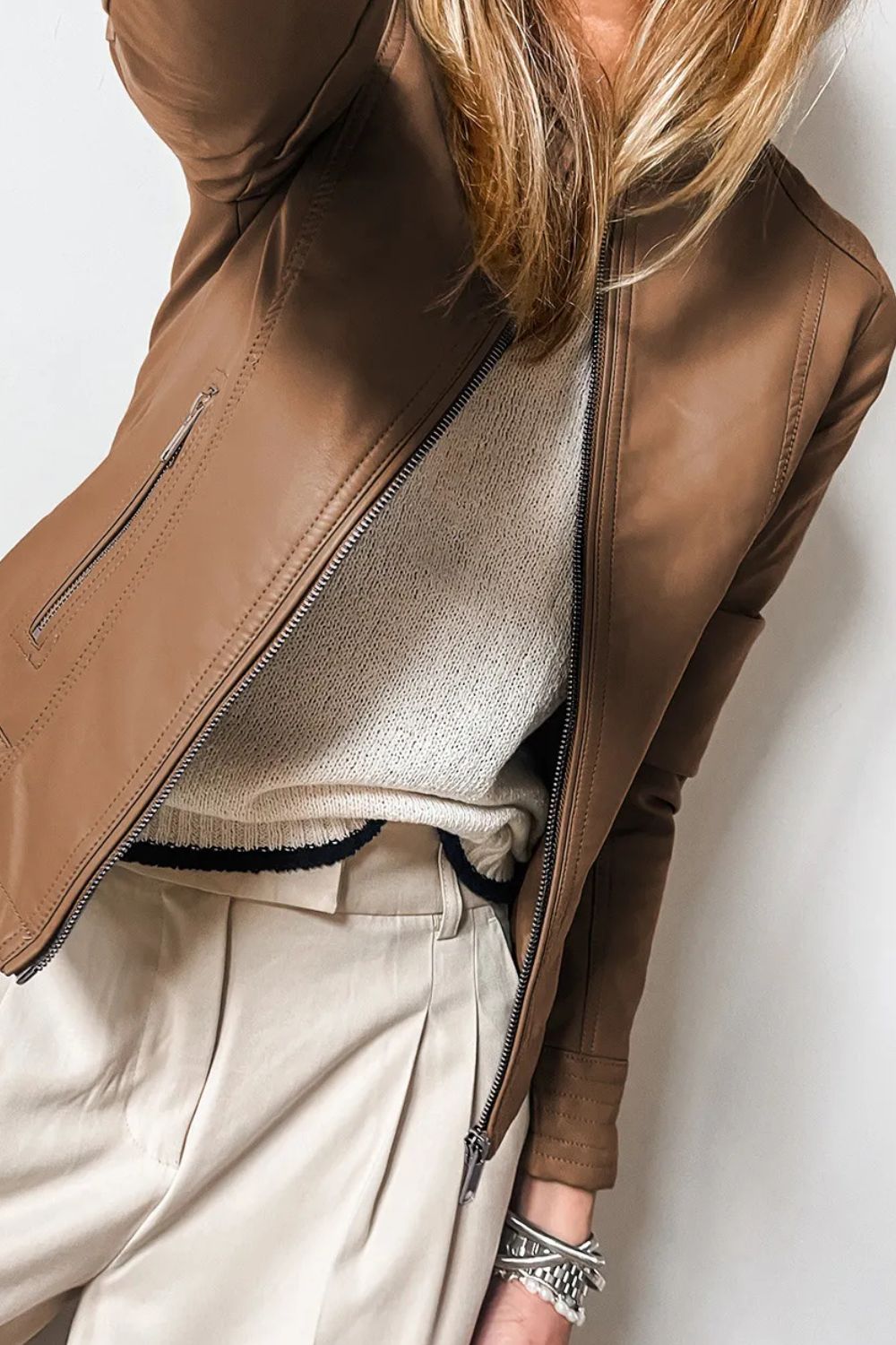 Yasmina | PU leather long sleeve jacket with crew neck