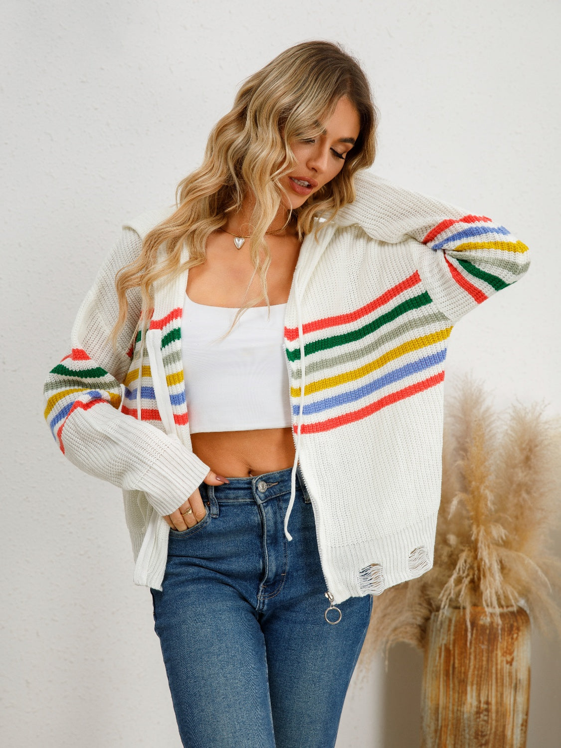 Clara | Striped cardigan with hood and dropped shoulders and drawstring