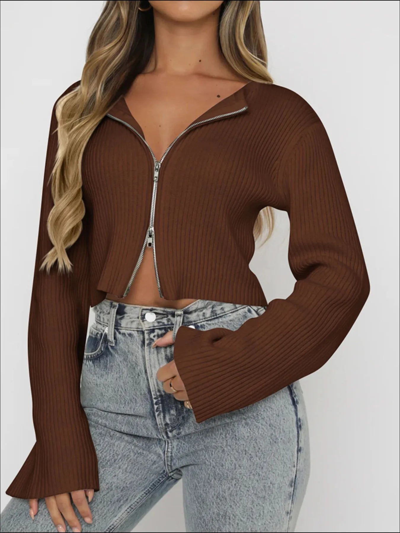 Valeria® | Long-Sleeved Ribbed Zip-Up T-Shirt