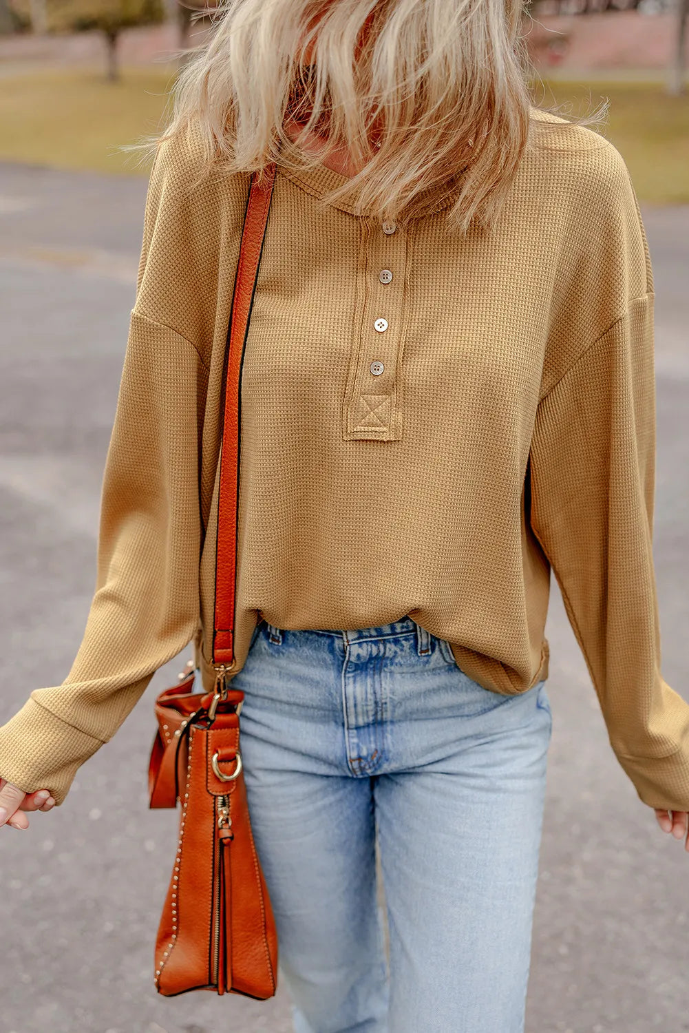 Jutta | Half button waffle knit crew neck top