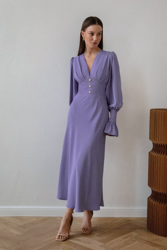 Vintage Lantern Sleeve V-Neck Bodycon Maxi Dress
