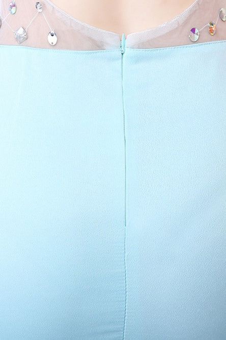 Sheer Blue Deep V Neck Maxi Party Dress