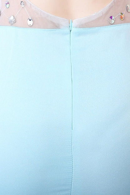 Sheer Blue Deep V Neck Maxi Party Dress