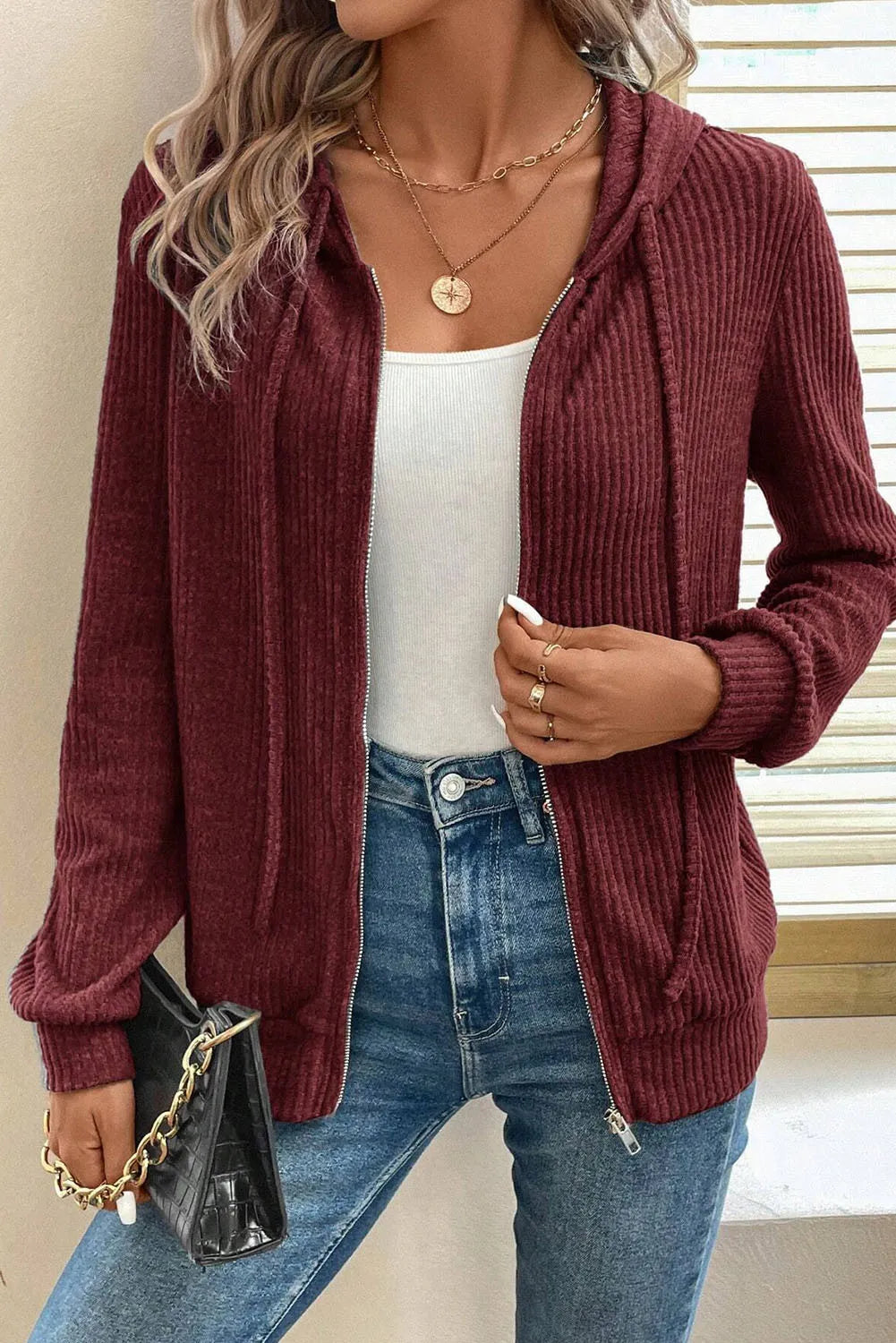 Bernadette | Long sleeve hooded jacket with drawstring and zip fastening