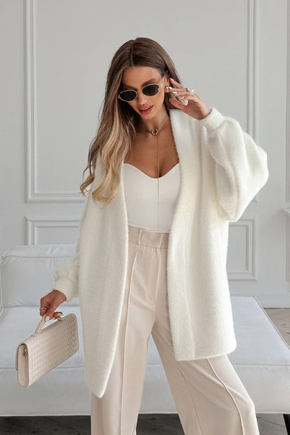White Fuzzy Tie Waist Mid-Length Relaxed Cardigan