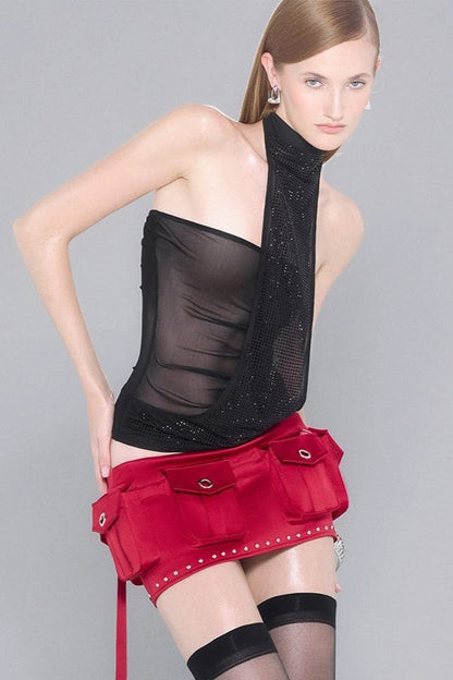 Rhinestone Sequin Scarf Sheer Tank Top