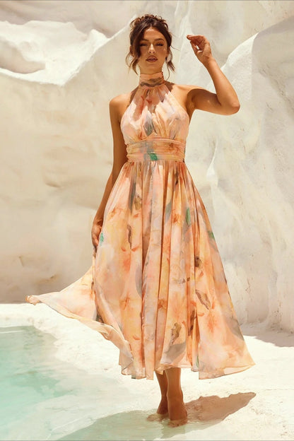 Sleeveless Floral Halter Backless Midi Dress