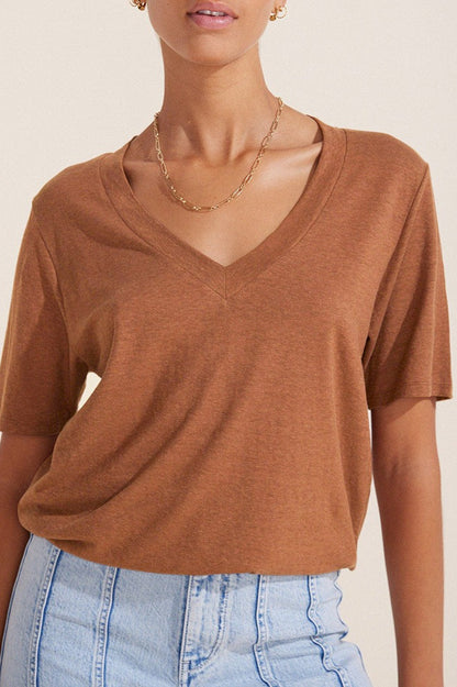 Minimalist Solid Deep V Neck Slub Cotton Loose T-shirt