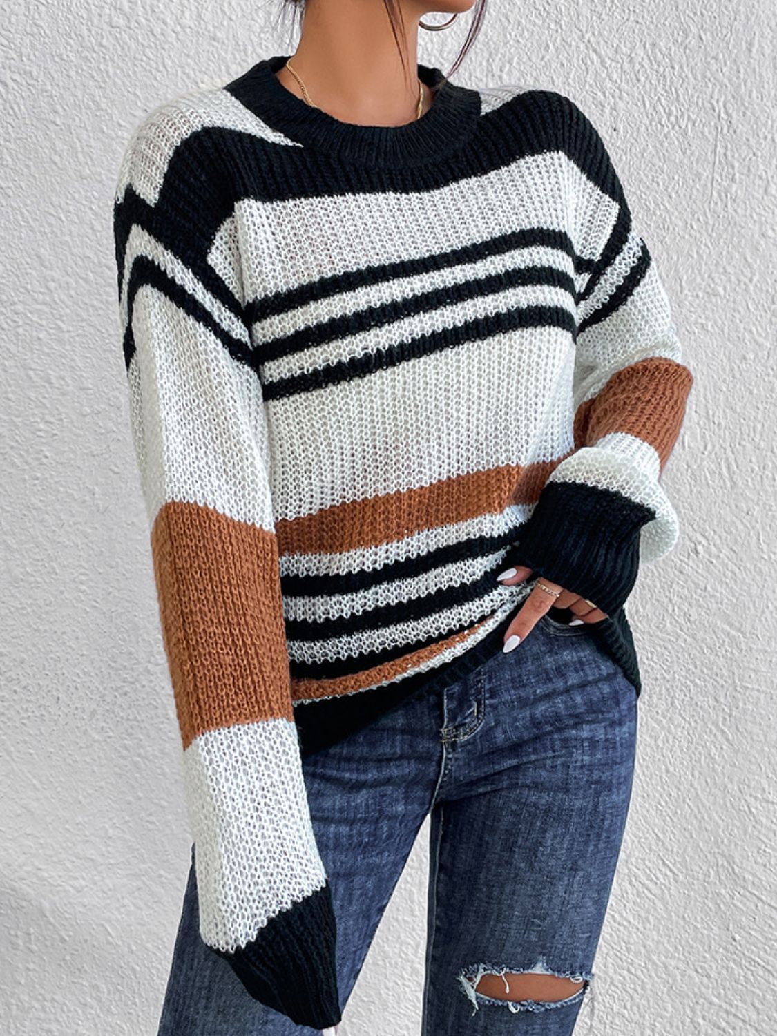 Nadine | Contrasting striped long-sleeved sweater with a crew neck