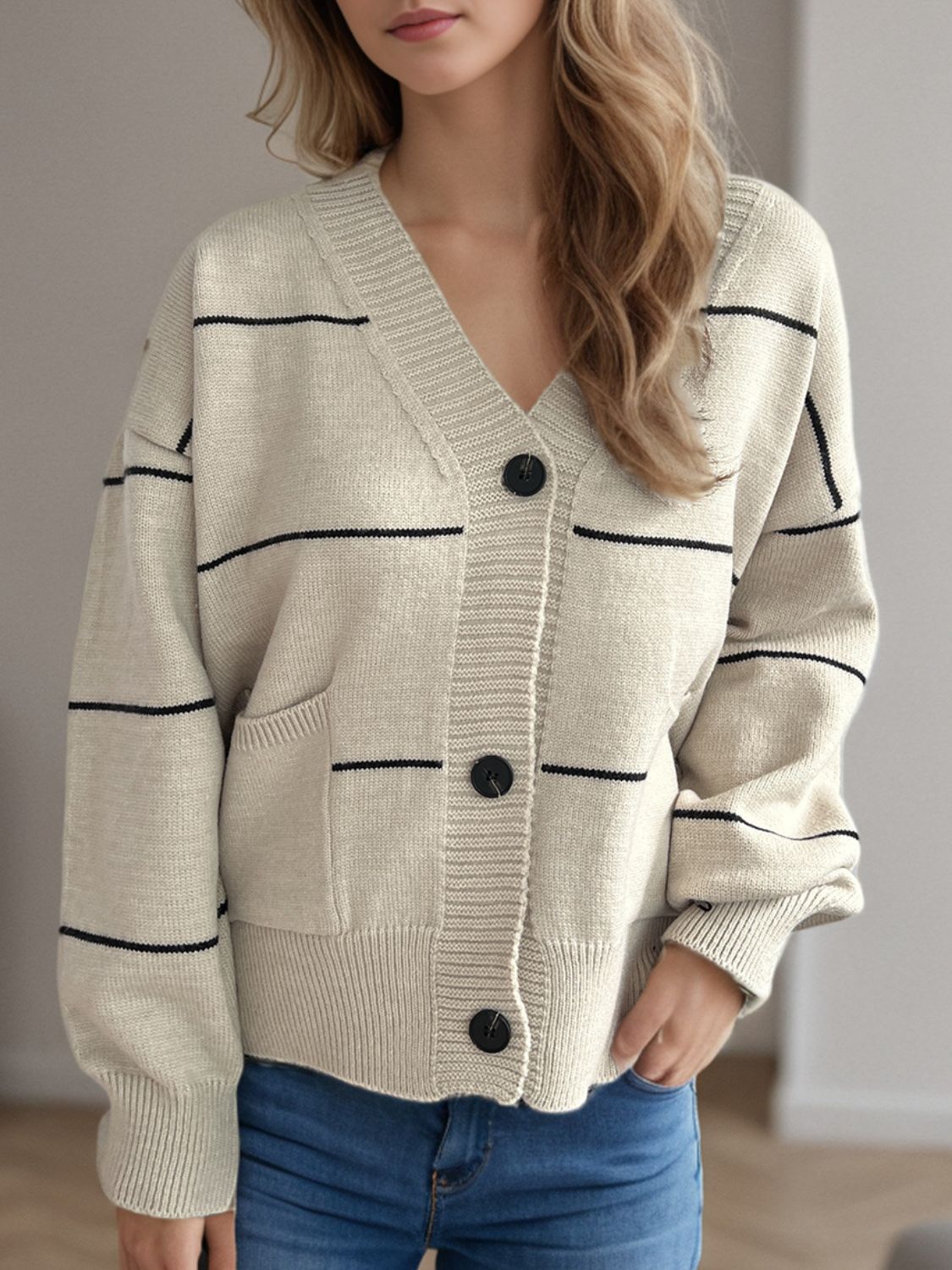 Flavia | Striped, long-sleeved cardigan with button placket and V-neck