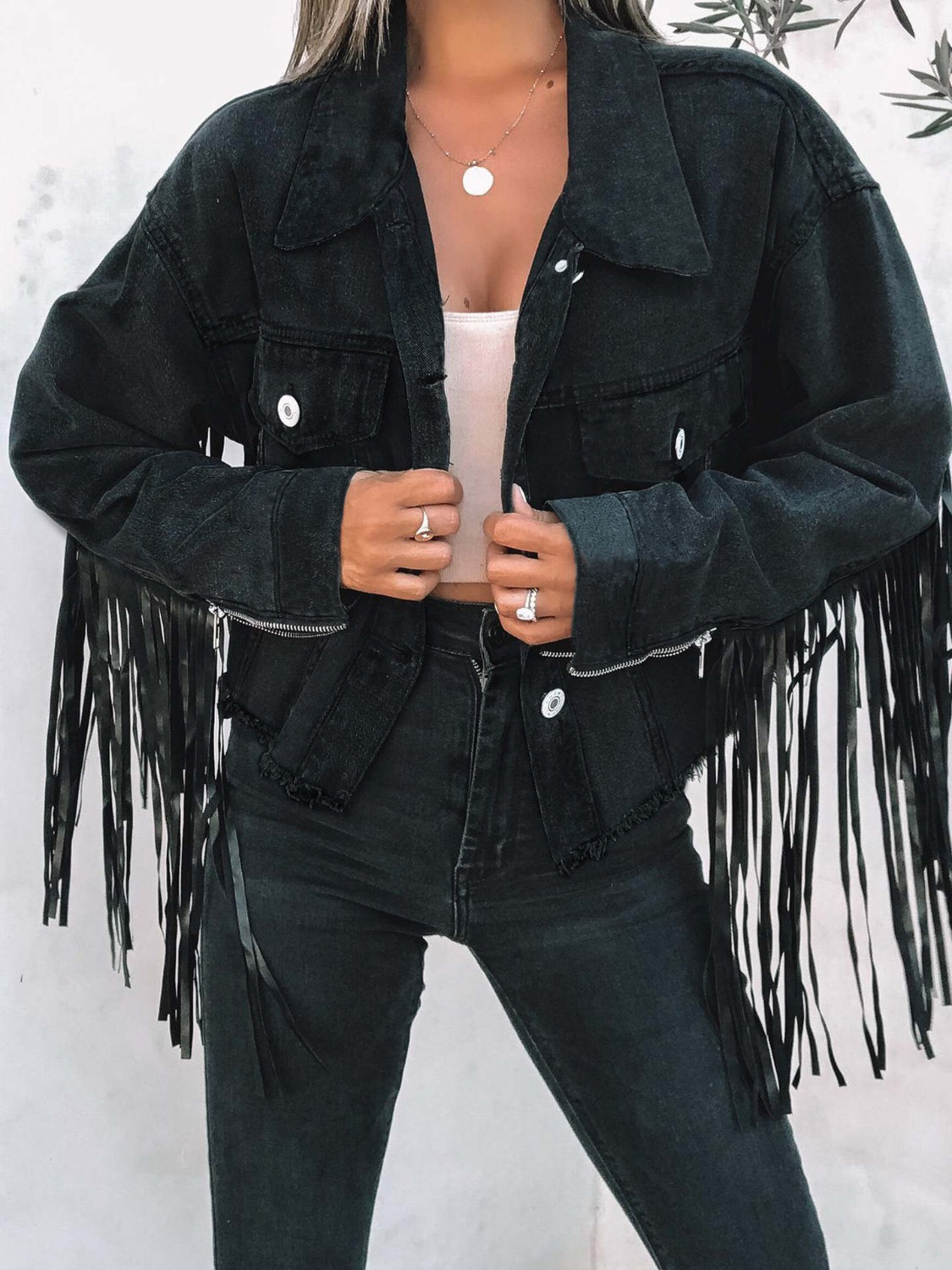 Margarita | Long-sleeved denim jacket with fringes and buttons