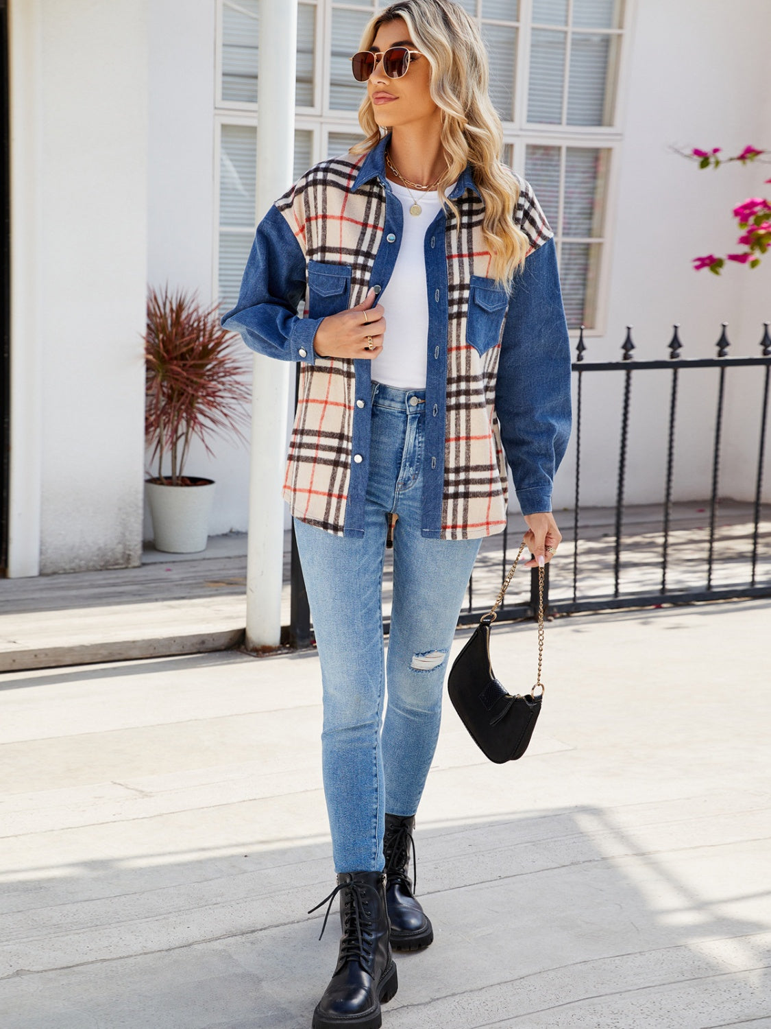 Ursula | Checked long sleeve denim jacket