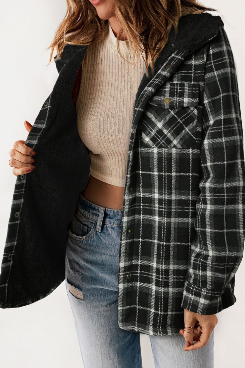 Brigida | Checked button down long sleeve hooded jacket