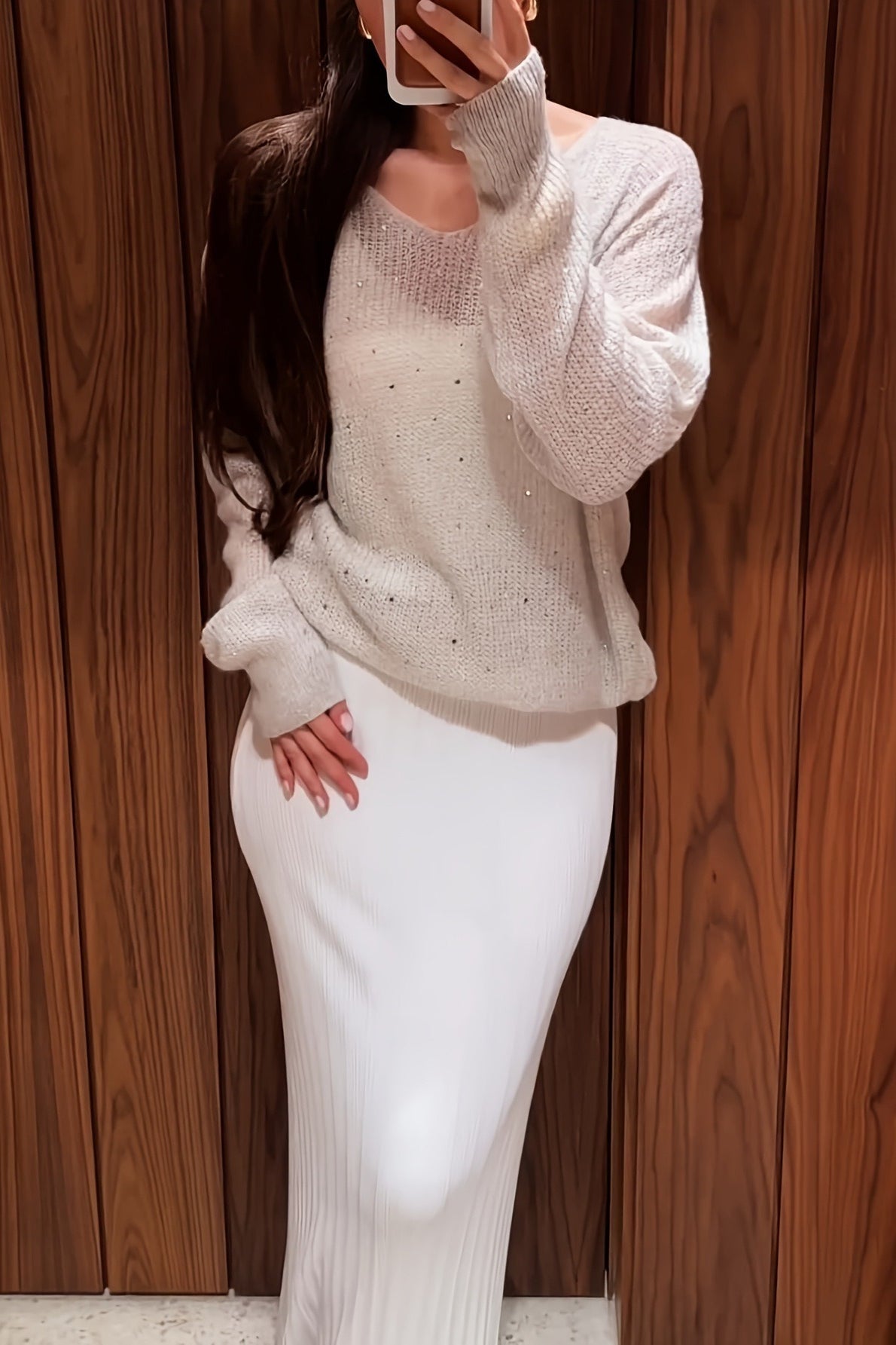 Rhinestone White V Neck Long Sleeve Knit Blouse