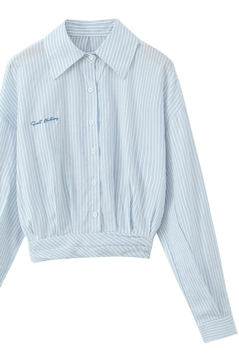 Striped Long Sleeve Shirt High Waist Tie Mini Skirt Set