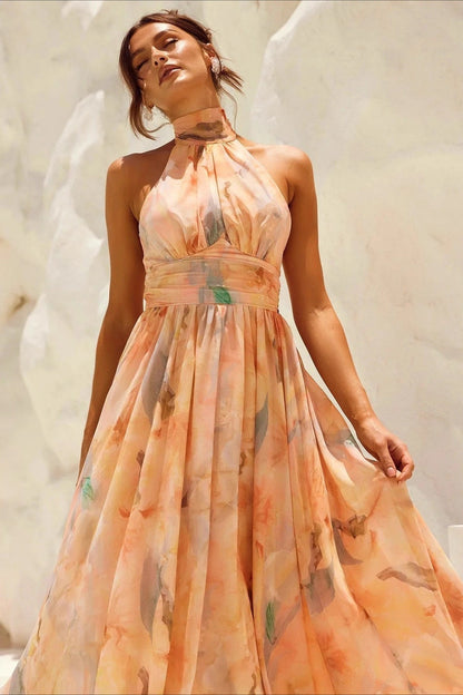 Sleeveless Floral Halter Backless Midi Dress