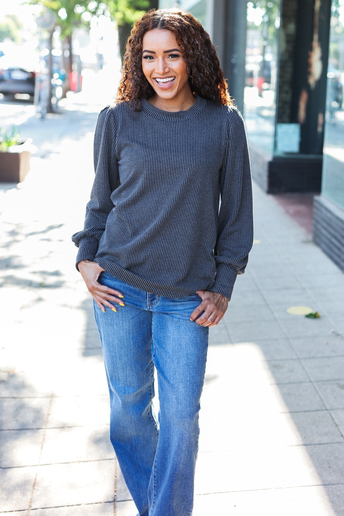 Margherita | Everyday long-sleeved shirt in anthracite-colored ribbed knit with mineral wash