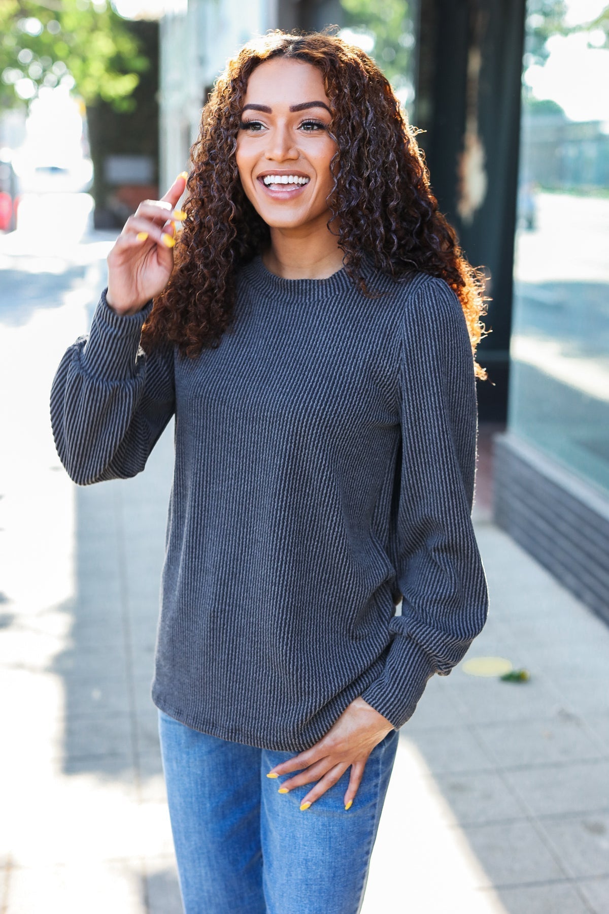 Margherita | Everyday long-sleeved shirt in anthracite-colored ribbed knit with mineral wash