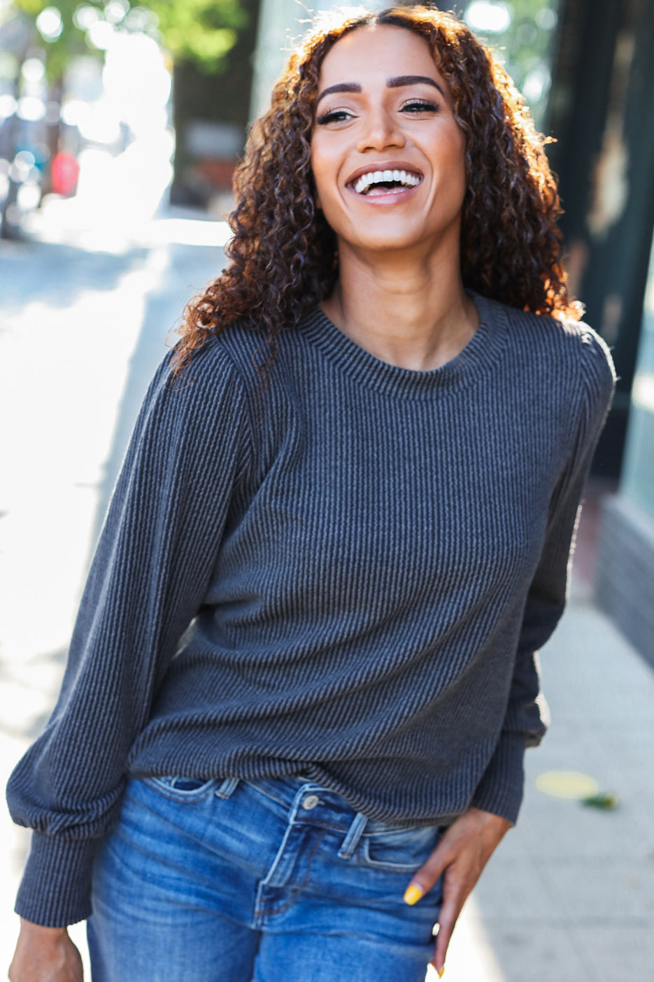 Margherita | Everyday long-sleeved shirt in anthracite-colored ribbed knit with mineral wash