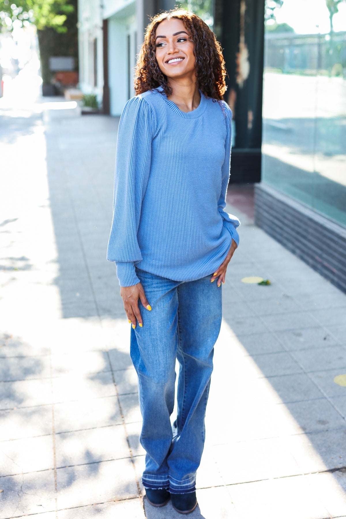 Greta | Everyday Vintage Denim Rib Mineral Wash Long Sleeve Top