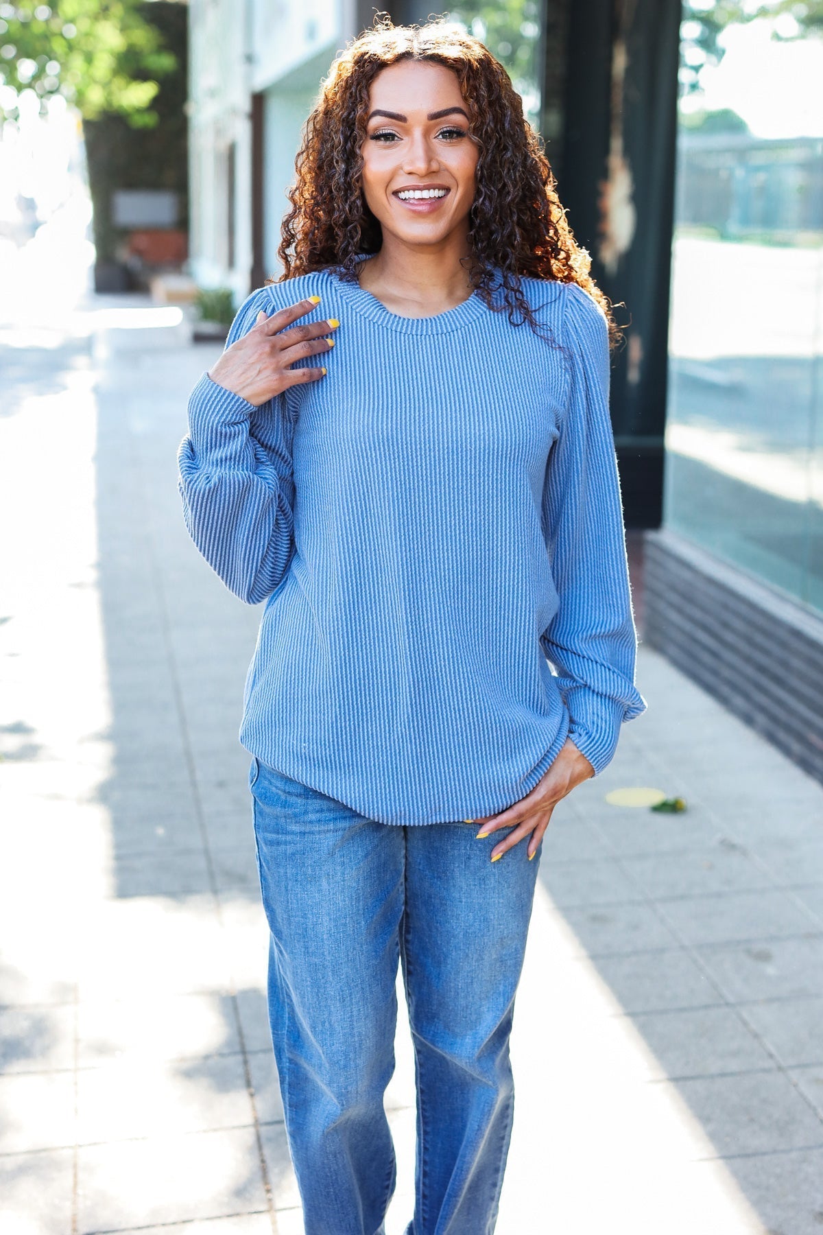 Greta | Everyday Vintage Denim Rib Mineral Wash Long Sleeve Top