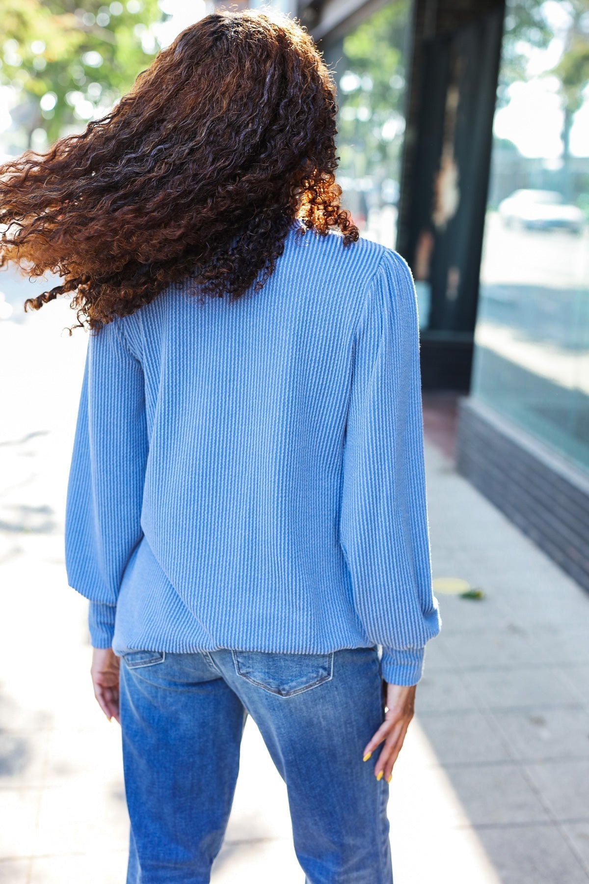 Greta | Everyday Vintage Denim Rib Mineral Wash Long Sleeve Top
