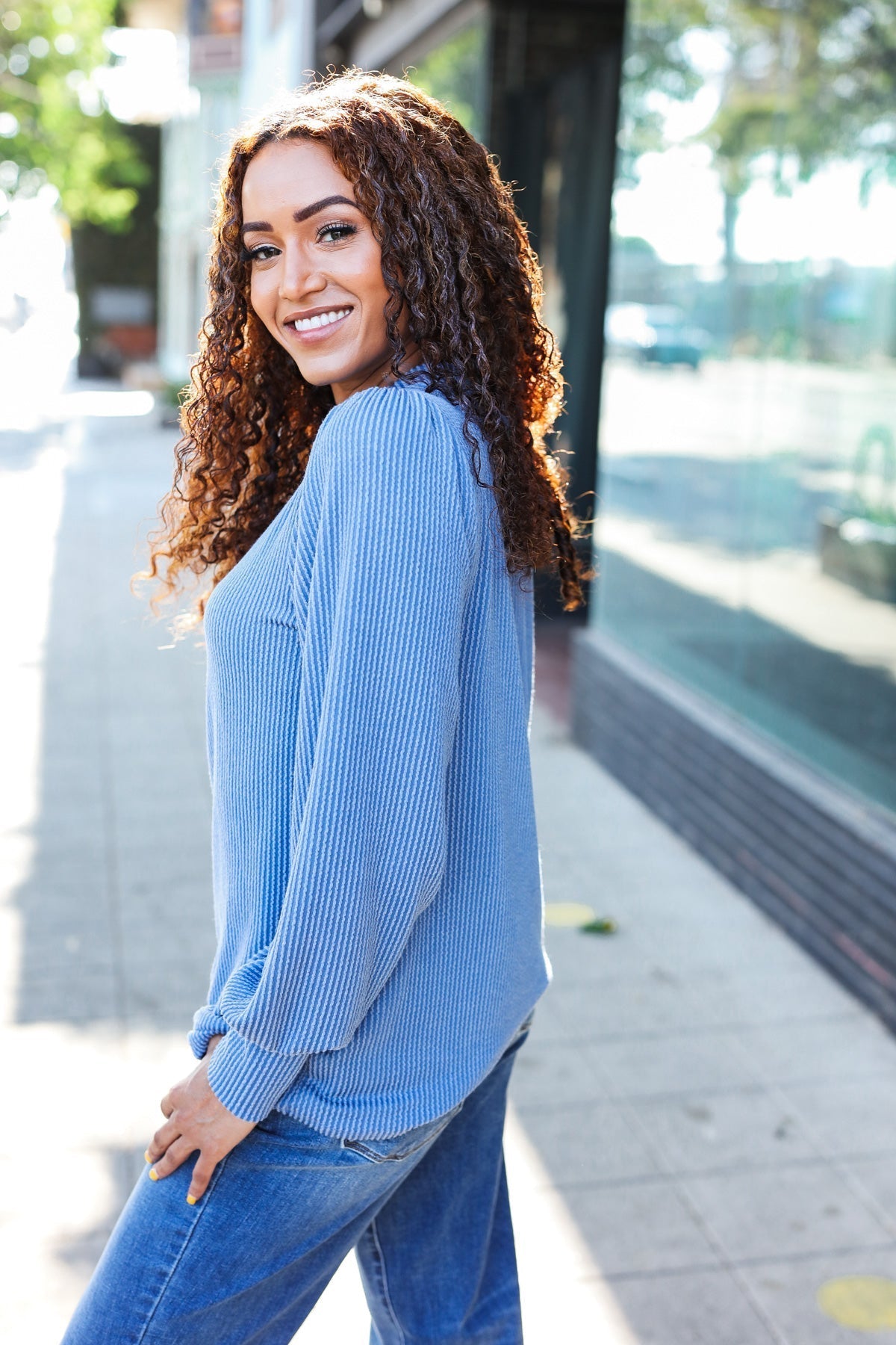 Greta | Everyday Vintage Denim Rib Mineral Wash Long Sleeve Top