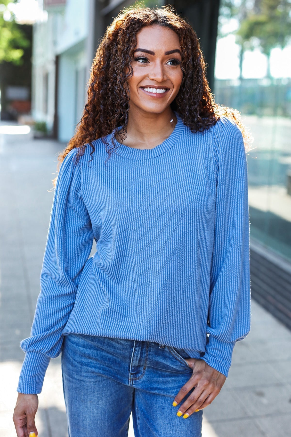 Greta | Everyday Vintage Denim Rib Mineral Wash Long Sleeve Top