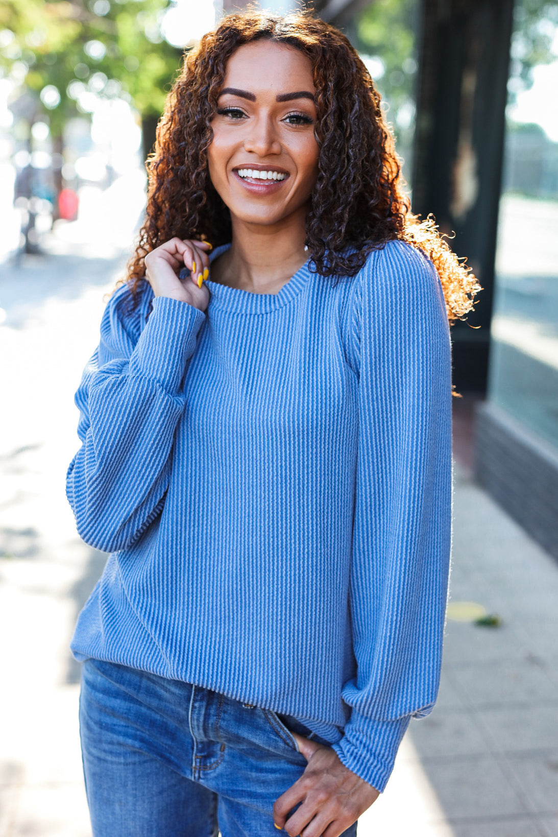 Greta | Everyday Vintage Denim Rib Mineral Wash Long Sleeve Top