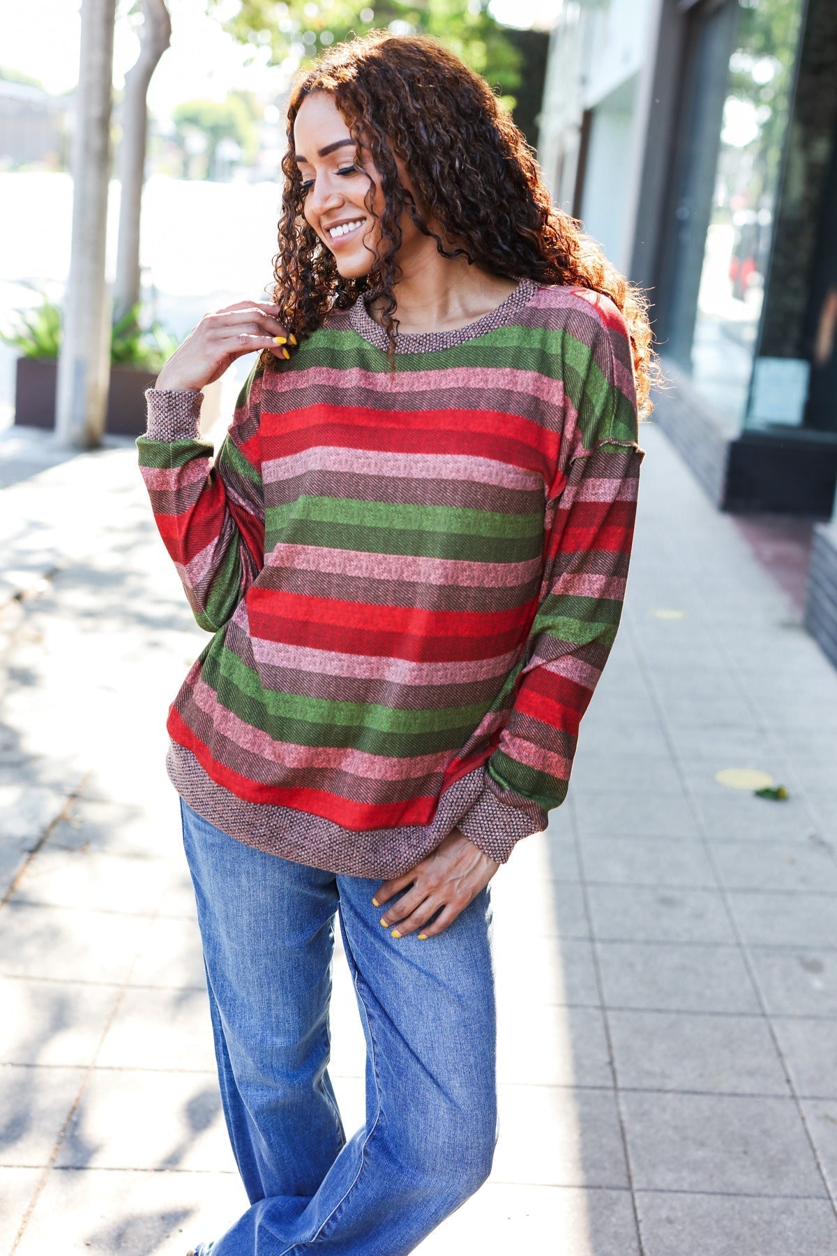 Marita | Perfectly You Olive and mauve striped two-tone tie-neck sweater top