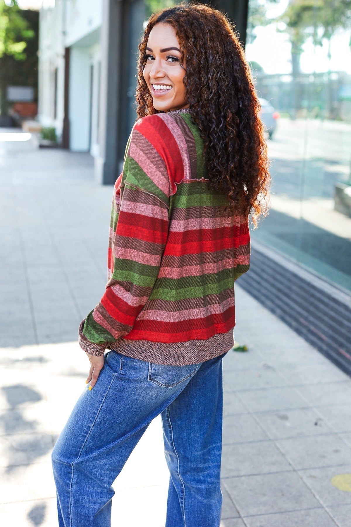 Marita | Perfectly You Olive and mauve striped two-tone tie-neck sweater top