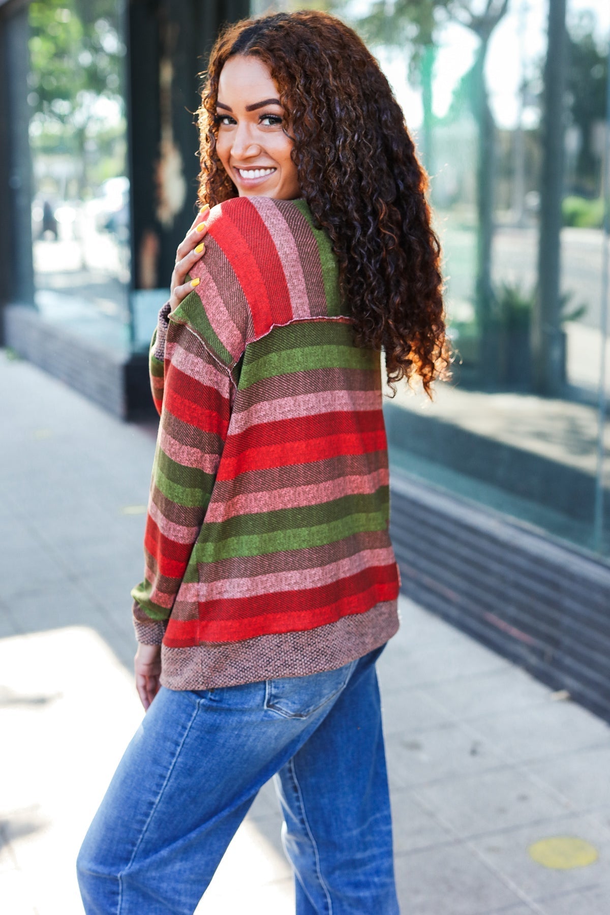Marita | Perfectly You Olive and mauve striped two-tone tie-neck sweater top