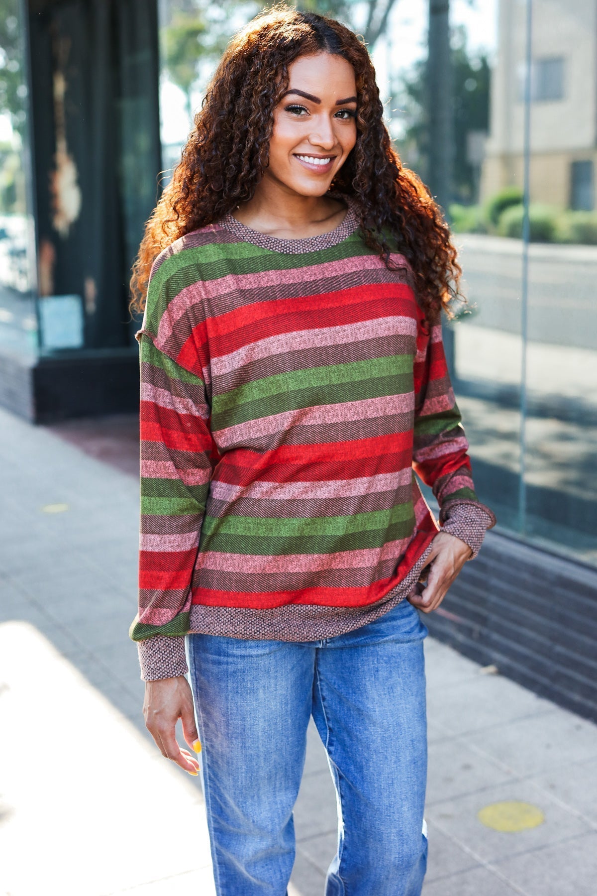 Marita | Perfectly You Olive and mauve striped two-tone tie-neck sweater top